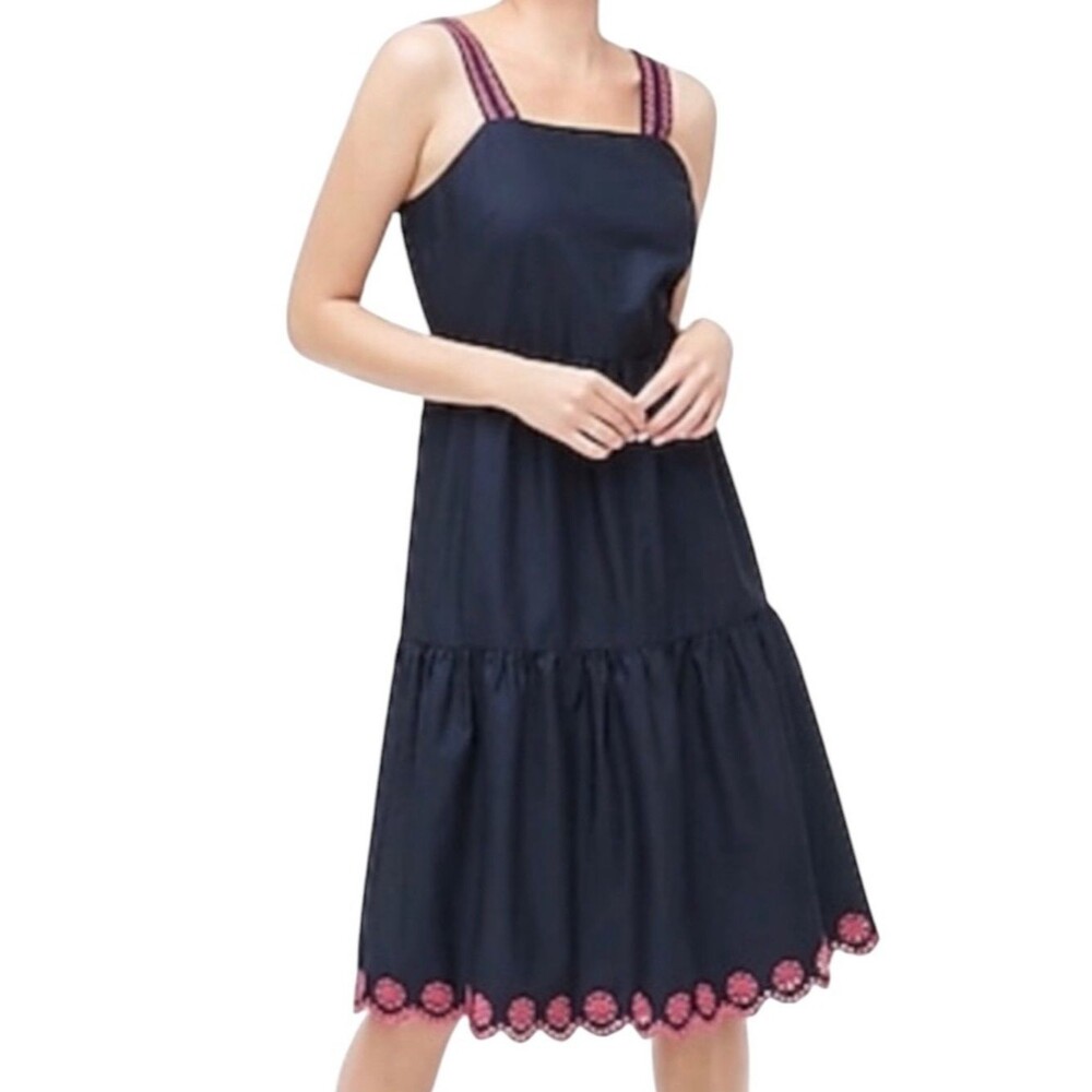 J CREW Navy Blue Pink Eyelet Cotton Midi Summer Dress Scalloped Hem Size 4